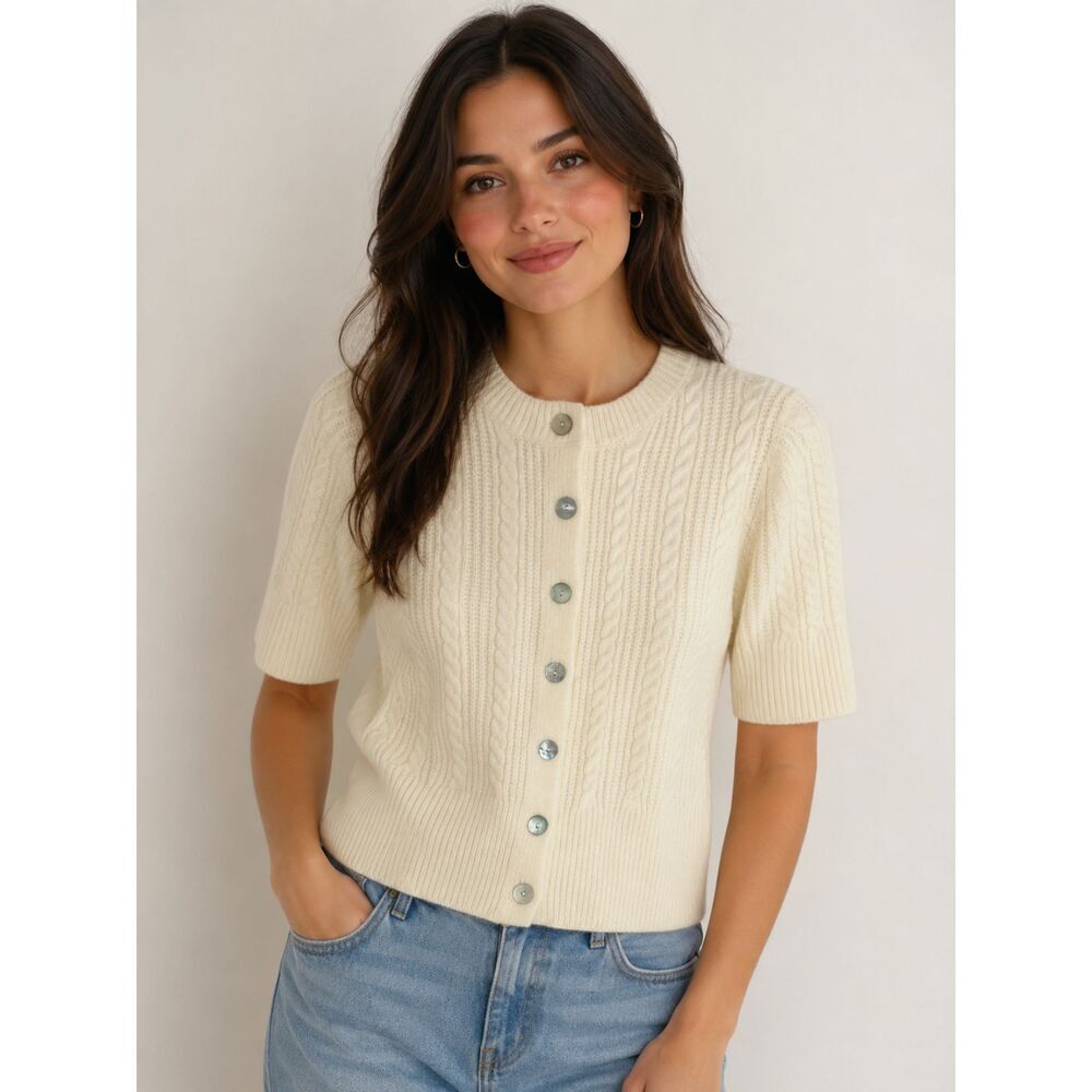 Sanctuary NWT Cream Short Sleeve Button Front Knit Cardigan Top Size XS